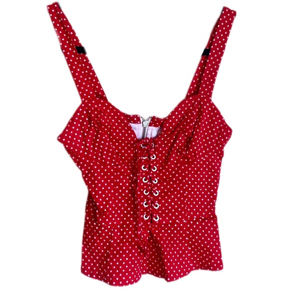 bebe Tops Bebe Y2k Red Lace Front Tank Top With White Polka Dots
